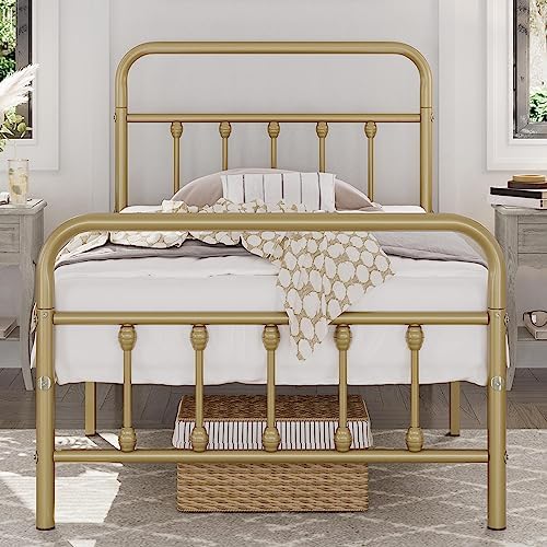 Yaheetech Classic Metal Platform Bed Frame Mattress Foundation with Victorian Style Iron-Art Headboard/Footboard/Under Bed Storage/No Box Spring Needed/Twin XL Size Antique Gold