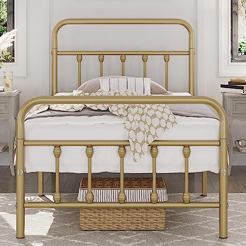 Yaheetech Classic Metal Platform Bed Frame Mattress Foundation with Victorian Style Iron-Art Headboard/Footboard/Under Bed Storage/No Box Spring Needed/Twin XL Size Antique Gold