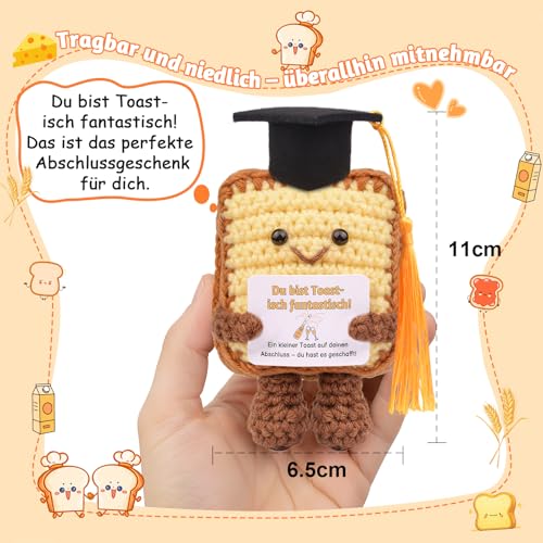 Mwmoeen Lustige Toast Abschluss Geschenk für Freund, Gestrickte Toast mit Graduierung Hut, Glücksbringer Prüfung, Pocket Hug Positive Geschenke, Prüfung Bestanden