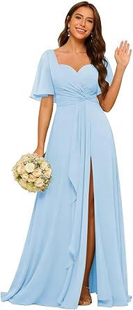 Flutter Sleeves Chiffon Sweetheart Bridesmaid Dresses for Women Long A Line Pleated Formal Evening Dresses with Slit