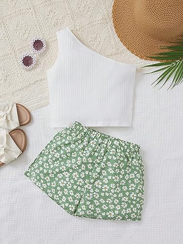 Image of SHENHE Girl's 2 Piece Outfits Ribbed One Shoulder Tank Top and Floral Shorts Set Green White 8Y
