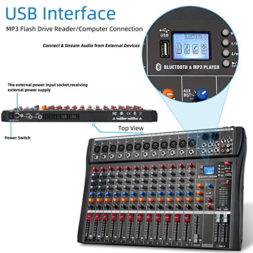 Depusheng DX12 Interface contrôleur de son DJ avec lecteur USB pour enregistrement sur ordinateur Mélangeur audio studio 12 canaux - Prise microphone XLR, alimentation 48 V, entrée/sortie RCA - Image 3