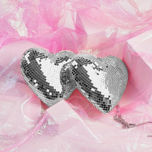 Bola espejada en forma de corazón, decoración reflectante de espuma con cadena y gancho, adorno para fiestas, bodas y eventos especiales (plata) miniatura 6