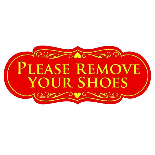 All Quality Designer Please Remove Your Shoes Wall or Door Sign - No Shoes Signage | Easy Installation - Red/Yellow - Large (1 Pack)