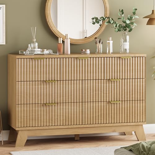Image of Fluted Dresser for Bedroom with 7 Drawers, 48 inch Wide Modern Chest of Drawers with Metal Handle, Wood Dresser TV Stand, Wooden Closet Clothes Storage Organizer for Living Room, Hallway, Natural Oak