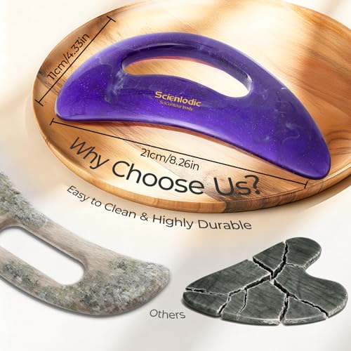 Image of Scienlodic Gua Sha Massage Tool with Handle (Resin) Larger Guasha Body Scraping Tool for Back Legs Neck Massage, Lymphatic Drainage, Cellulite Remove - Large Dark Purple