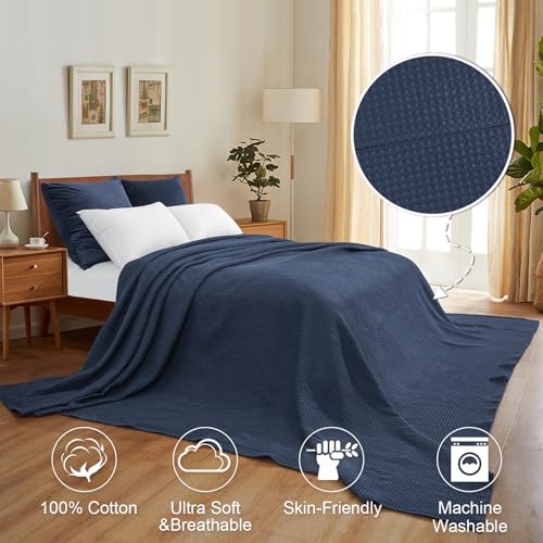 Image of PHF Pre-Washed Cotton Waffle Weave Family Blanket,Oversized King Size 120 inchx 120 inch-Snag Proof Lightweight Breathable, 10'x 10' Huge Extra Large Big-Elegant Aesthetic Home Decoration Gift,Dark Navy