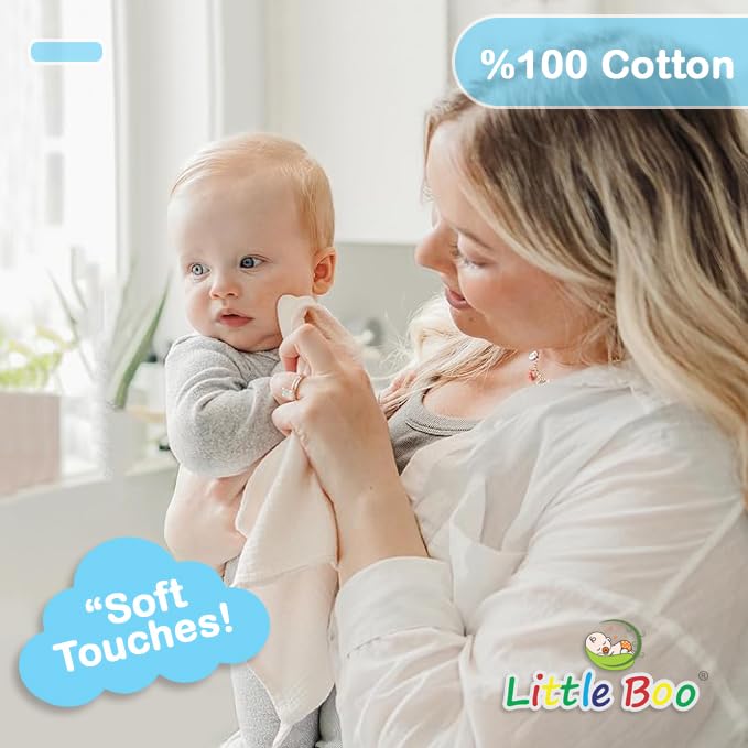 Image of Little Boo Muslin 6 Layer Organic Cotton Face Towels for Newborn Baby Extra Soft Hankies Reusable Napkins for Infants Toddlers /Kids (Pack of 5). Multicolor