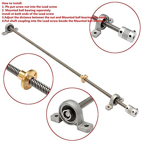 Lysee 3D Printer Parts & Accessories - T8 Lead Screw Kit 500mm Lead 8mm Vertical Lead Screw Rod & Pillow Block Mounted Bearing for 3D Printer - (Size: as Shown)