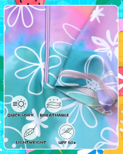 Kids Girls Rash Guard Long Sleeve One Piece Swimsuits Zipper Bathing Suits UPF 50+ Tropical Plant Flowers Ages 3-124