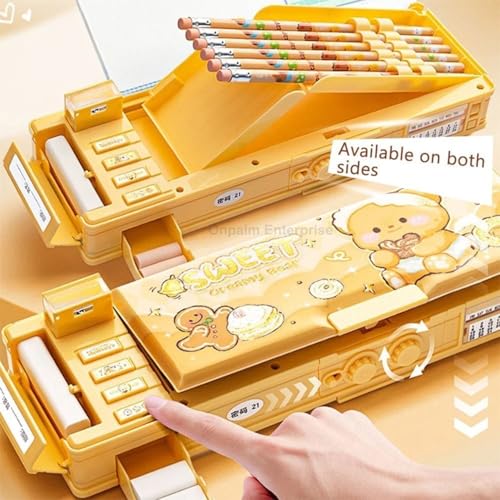 Image of Multifunctional Geometry Lock Pencil Box for Kids, Students, Boys & Girls, Magnetic & Passworld Lock Compass Box, Creamy Bear Theme School Return Gifts (Sweet Cream Bear)