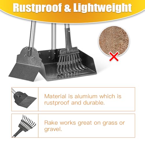 Image of Pooper Scooper for Dogs Metal Heavy Duty Long Handle Rake, Spade & XL Tray