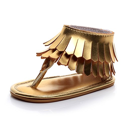 HONGTEYA Baby Sandals Tassels Premium Rubber Sole Dress Shoes for Girls Prewalker Toddler Moccasins (3-6Months, Gold)