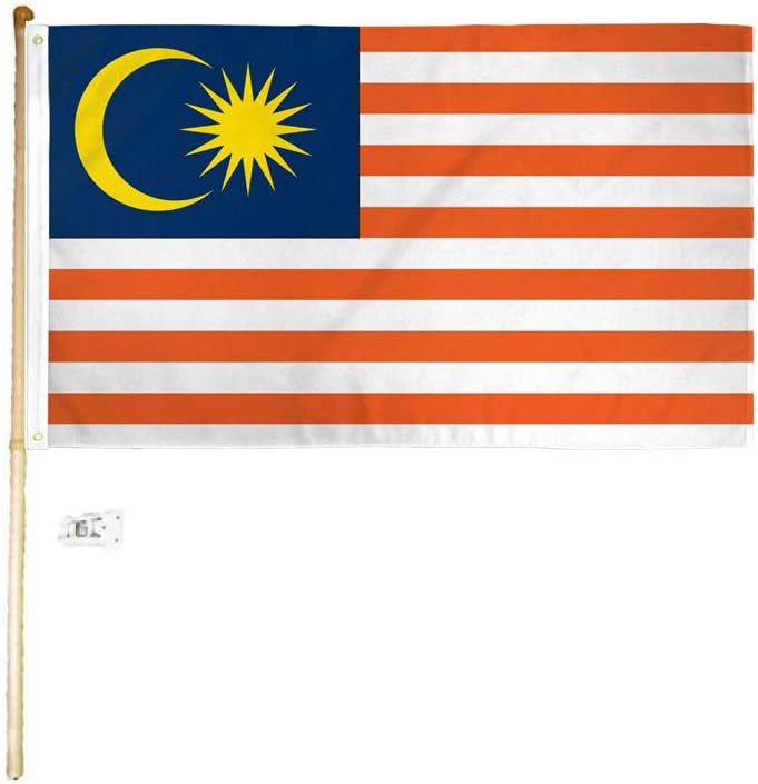 3x5 3'x5' Malaysia Polyester Flag With 5' (Foot) Flag Pole Kit With Wall Mount Bracket & Screws (Imported)