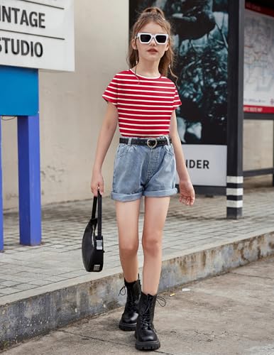 Image of Arshiner Girls Shirt Crop Tops Short Sleeve Summer Drop Shoulder Batwing Sleeve Crewneck Loose T Shirt Tee