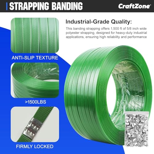 Image of Banding Strapping Kit | Pallet Strapping Kit with Tensioner Tool | Heavy Duty Banding Tool 1500lbs Break for Banding Bulky Items Warehouses|Factories | 5 /8 inch W*2000' L Poly Strapping|100 Seals | 2000FT