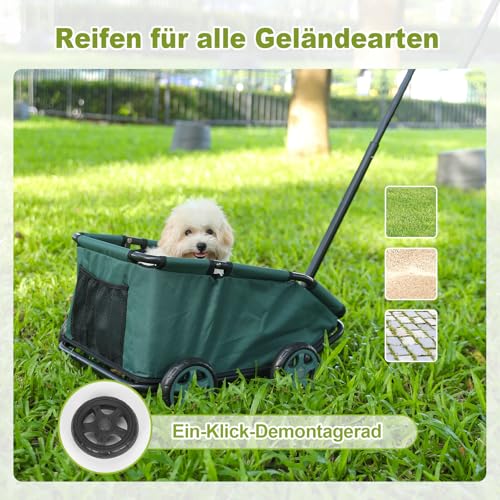 Mini-Hundewagen für Mini-Haustiere, faltbarer multifunktionaler Einkaufswagen mit ausziehbarem Ziehgriff, Doggie Wagon eingebautem Kissen und Sicherheitsseil mit Aufbewahrungstasche (Dunkelgrün)