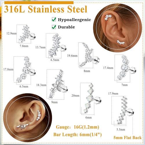 8Pcs 16G Cartilage Earring Stainless Steel Star Flower Opal CZ Helix Earrings Flat Back Cartilage Helix Conch Piercing Jewelry for Women4