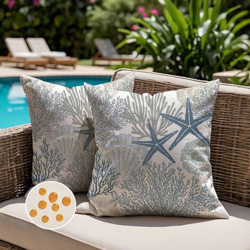 Jayusaror Housse Coussin Exterieur Impermeable 40 x 40 Bleu Maritime Taie d'oreiller Coquillage D'étoile de Mer Corail Été Printemps Décoratif Housses de...