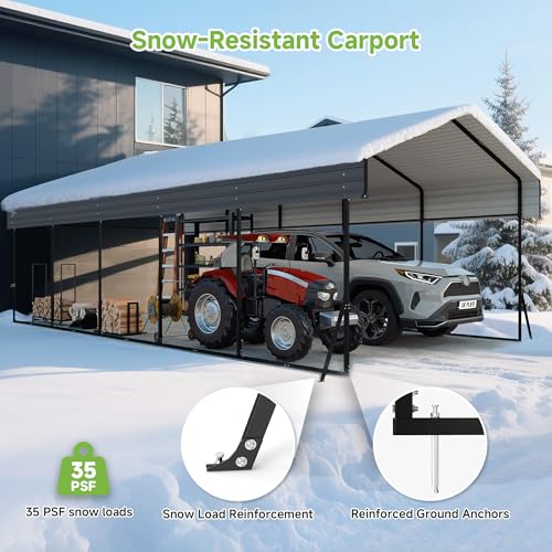 Image of Real Relax 13' x 26' Metal Carport, Heavy Duty Carport with Galvanized Steel Roof with Metal Frame, Extra Long Outdoor Garage Car Shelter Shade for SUV Trucks and Boats, Gray