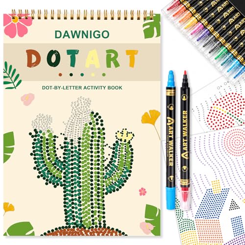 DAWNIGO Dot by Letter Coloring Book for Adults with 12 Acrylic Markers Dot Art Activity Book 30 Flower & Landscape Pages Mindfulness Adult Coloring Book for Women Relaxing Creative Gift