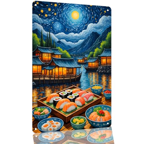 Starry Night Sushi Village Metal Sign 8 x 12 Inch