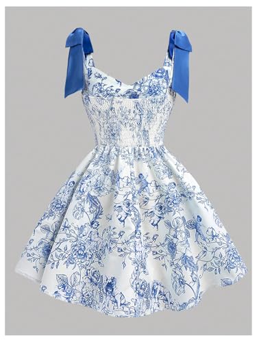 Girl's Floral Dress Y2k Bow Shoulder Summer Dresses High Waist A Line Flowy Dress2