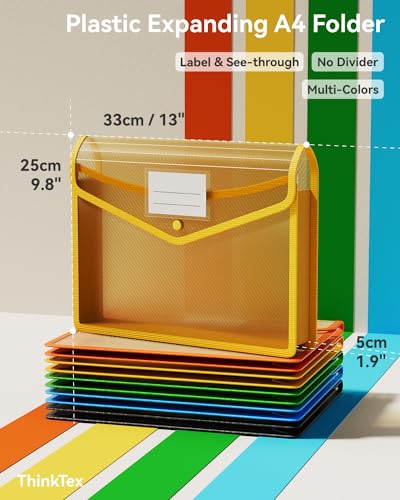 ThinkTex Plastic Expanding File Folder, Transparent envelopes with Snap Closure, No Dividers, Large Capacity, Assorted Colors, Fit Letter/A4 Size - 5 Packs