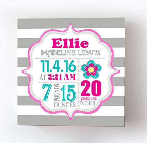 Personalized Stretched Canvas Birth Announcement Gift, Custom Baby Name, Date, Weight Stats, Newborn Flower Nursery Wall Art Decor, Wooden Frame Construction, Ready to Hang 24X24