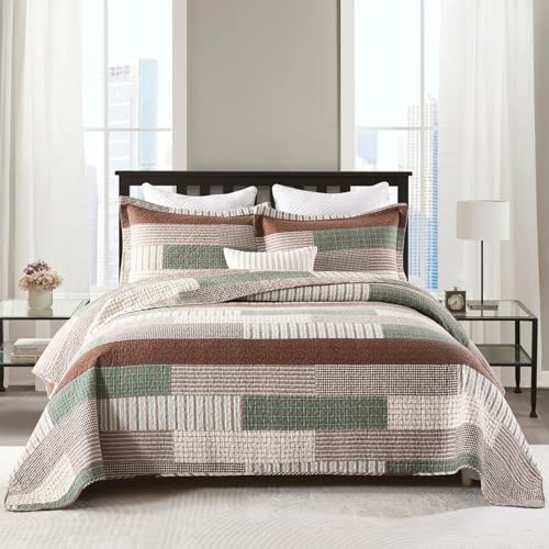 Y-PLWOMEN 100% Cotton King Size Quilt Farmhouse Striped 3-Pieces Bedding