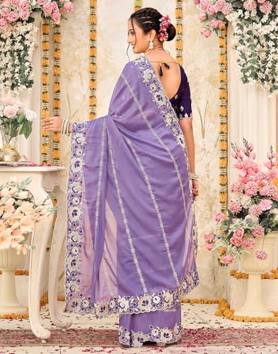 Image of SIRIL Women's Shimmer Georgette Scalloped Border Sequins Embroidery Saree with Unstitched Blouse Piece