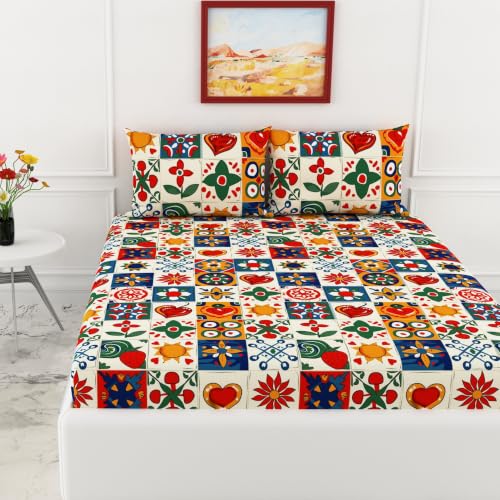Image of LORETO - A QUALITY LINEN BRAND 144 TC 100% Pure Cotton King Size Fitted Bedsheet with 2 Pillow Covers for 72 x 72 Inch Mattress, All-Around Elastic, 8 Inch Deep Pocket, Cherry Red & Cobalt Blue