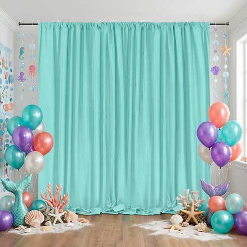 Image of Turquoise Backdrop Curtains Polyester 4 Panels 5ft x 8ft Photo Backdrop Drapes Mermaid Party Baby Shower Birthday Decorations