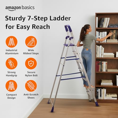 Image of Amazon Basics Clamber Pro - Foldable 7 Step Ladder, Firm Grip, 7 Steps (Aluminium Steps, Blue & Satin)