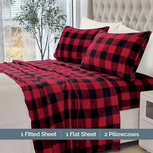 Elegant Comfort Luxuriously Soft 4-Piece Velvet Plush Flannel Sheet Set - Premium Quality - Cozy Warm, Anti-Static, Non Pilling Fuzzy Velvet Flannel Fleece Deep Pocket Sheet Set - Queen, Buffalo Red