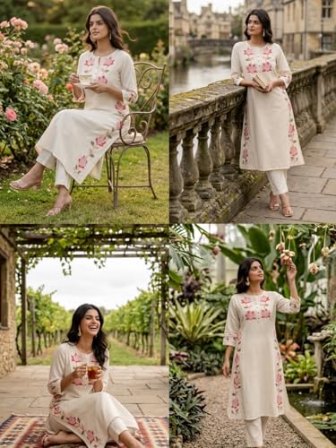 Image of Leriya Fashion Cotton Kurta Set for Women | Kurta Sets for Woman - Office Wear Kurti Set for Women Embroidery Kurti for Woman, Straight Kurtis Pant Set with 3 /4 Sleeve