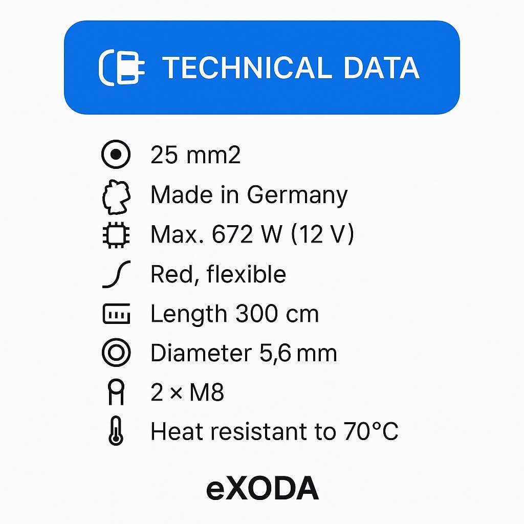 Exoda câble de batterie 25 mm² 300cm avec cosses M8 rouges flexibles de haute qualité 99 pourcent de cuivre idéal pour voiture bateau moto applications variées.