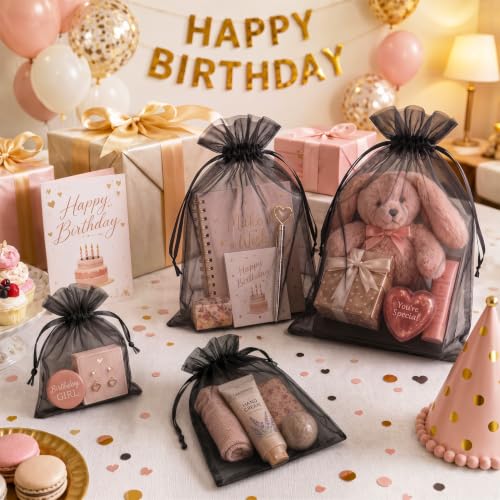 Image of FUNFERY 100Pcs Black Organza Bags 4x6 in,Small Mesh Drawstring Gift Bag