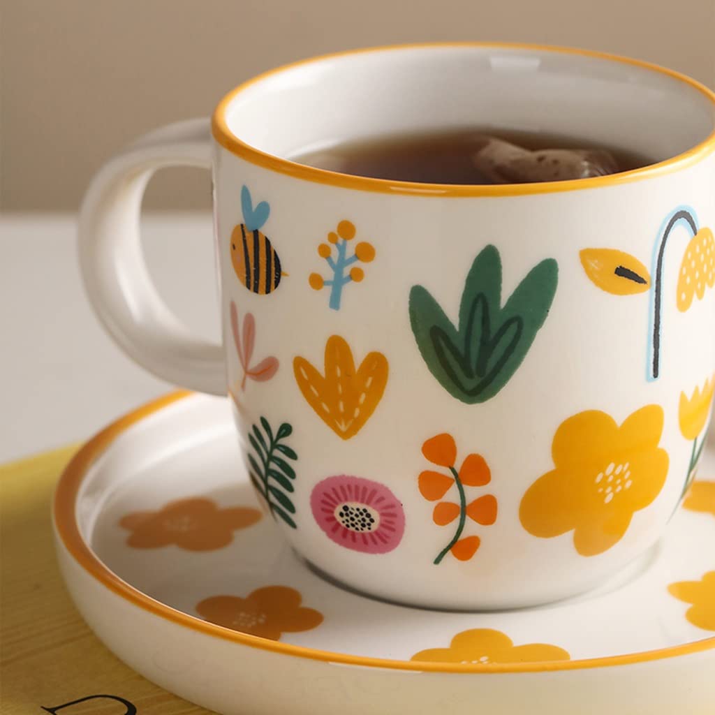 SISWIM Keramikbecher Home Keramik Tasse Untertasse Set Handgemalte Muster Becher Handgemachte Kaffeetasse Home Büro Milch Frühstück Becher Smart Mug