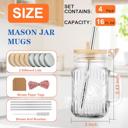 Magicsky Mason Jar Cups with Handles, Vintage 16 oz Glass Iced Coffee Cup with Bamboo Lids and Straws, Pint Drinking Jars Mug for Smoothie, Cold Drinks, Juice, Party Beverages, Set of 4 - Image 3