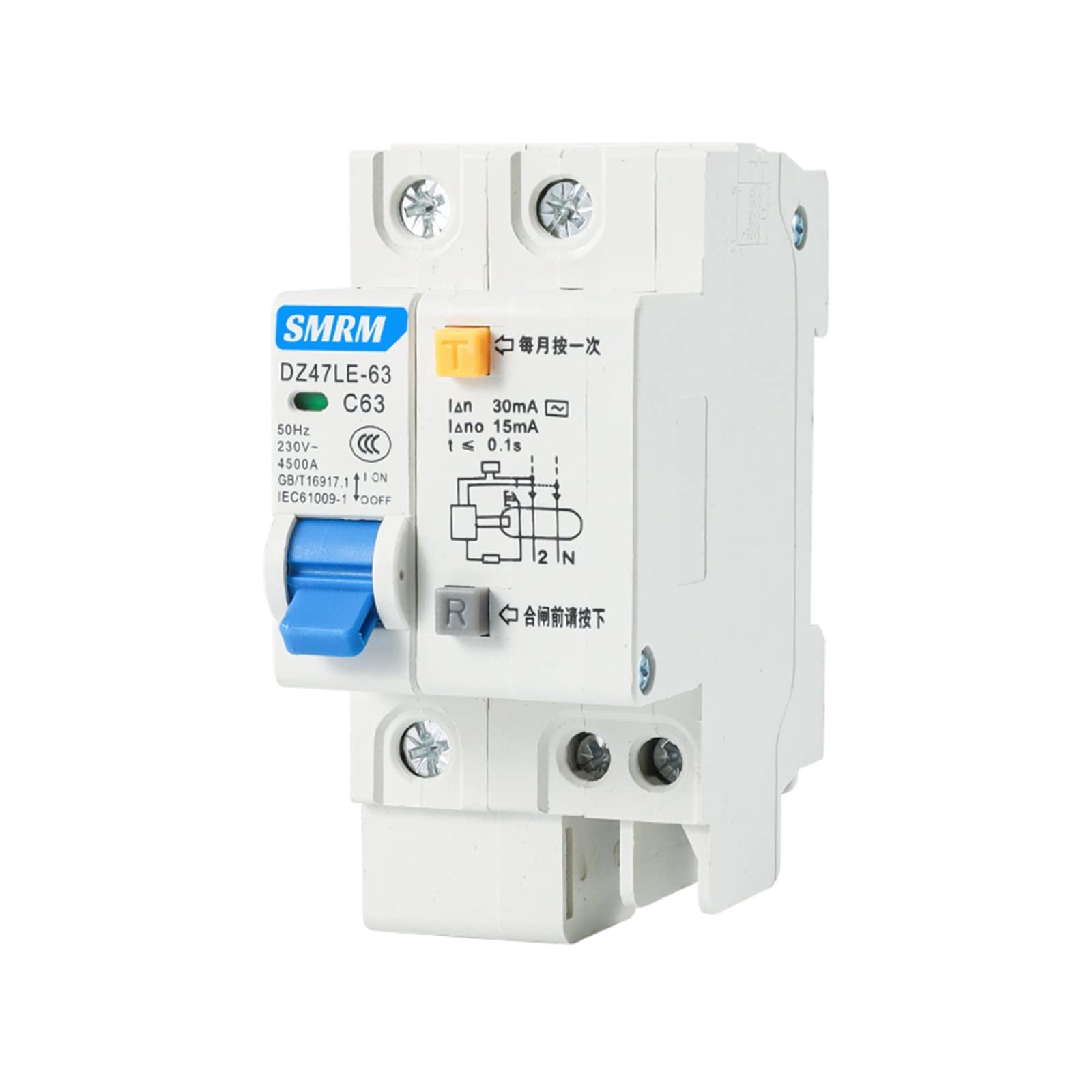 Disjoncteur à air DZ47LE 1P+N 63A protection fuites pour tableau électrique