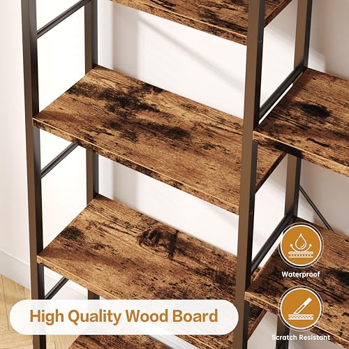 Shintenchi Triple Column 5 Tier Bookshelf, Industrial Large Bookcase Display Shelves, Large Etagere Bookshelf,Wide Book Shelf Book Case for Home & Office, Rustic Brown - Image 5