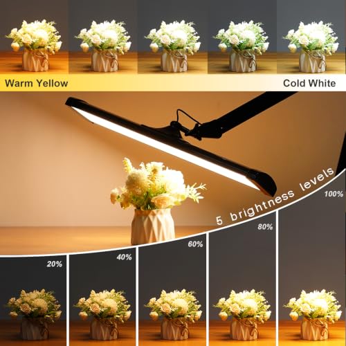 Image of 24-Inch LED Architect Desk Lamp with Clamp, 30W 2300LM, Black CCT | 360 SMD LEDs deliver flicker-free lighting with 5 color modes, 5 brightness levels, and reinforced dual metal arms