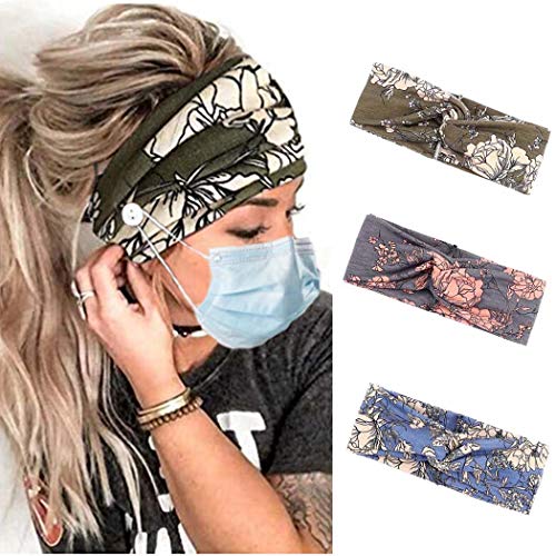 Bohend Boho Button Headbands Wide Sports Flower Camo Head Wrap Outdoor Hair Bands Cotton Stretchy Daily Use Yoga Hair Accessories for Women and Girls