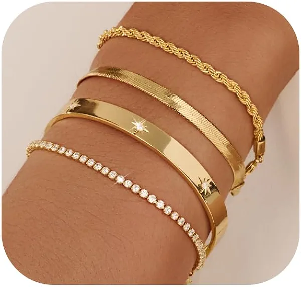 Gold Bracelets for Women 14K Gold Plated Stack Trend Bracelets Charm Paperclip Chain Cuban Link Layered Waterproof Bracelet Dainty Bracelet for Women Jewelry Gifts