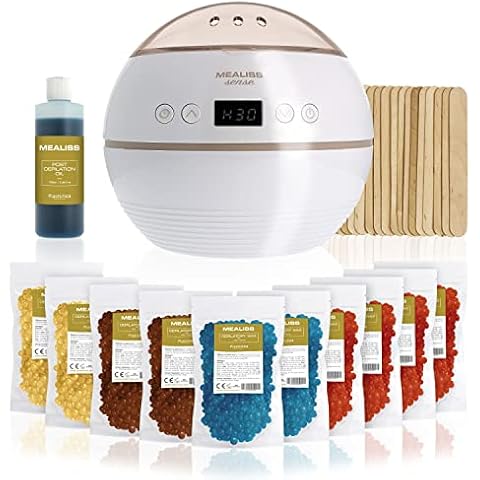 Wachswärmer Wachs Haarentfernung Set MEALISS Sense | 1 KG Profi Wachsperlen für 1 Jahr Heisswachs-Epilation| Waxing Kit Komplett: Wachserhitzer LCD Display Wachsbohnen 20 Holzspatel Pflegeöl Cover