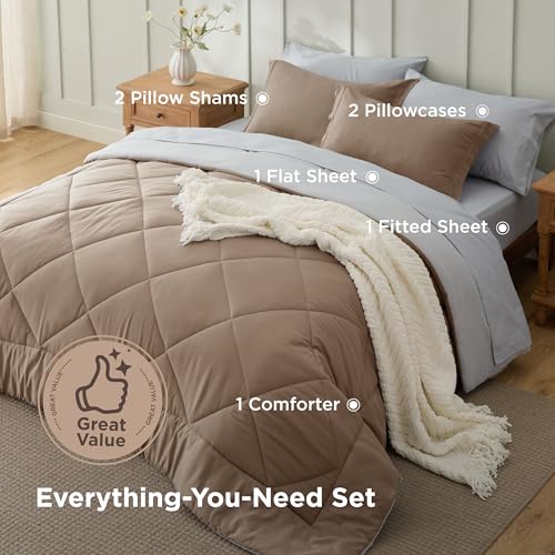 Image of Bedsure King Size Comforter Set - 7 Pieces Reversible Brown Bedding, King Size Bed Set for All Seasons, Bed in a Bag with Down Alternative Comforter, Sheets, Pillowcases & Shams