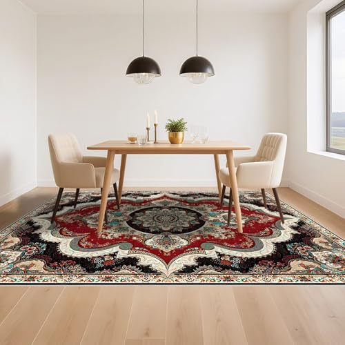 Tapis de chambre anti-dérapant rouge 120x160cm vintage floral pour salon - 6