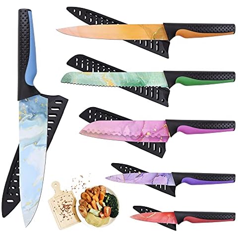 FASAKA Colorful Kitchen Knives Set, Knife Set for Kitchen, 6Pcs Nebula Pattern High Carbon Steel Made Nonstick Kitchen Knives & 6Pcs Knife Sheathes with Gift Box, Ideal Housewarming Present Cover