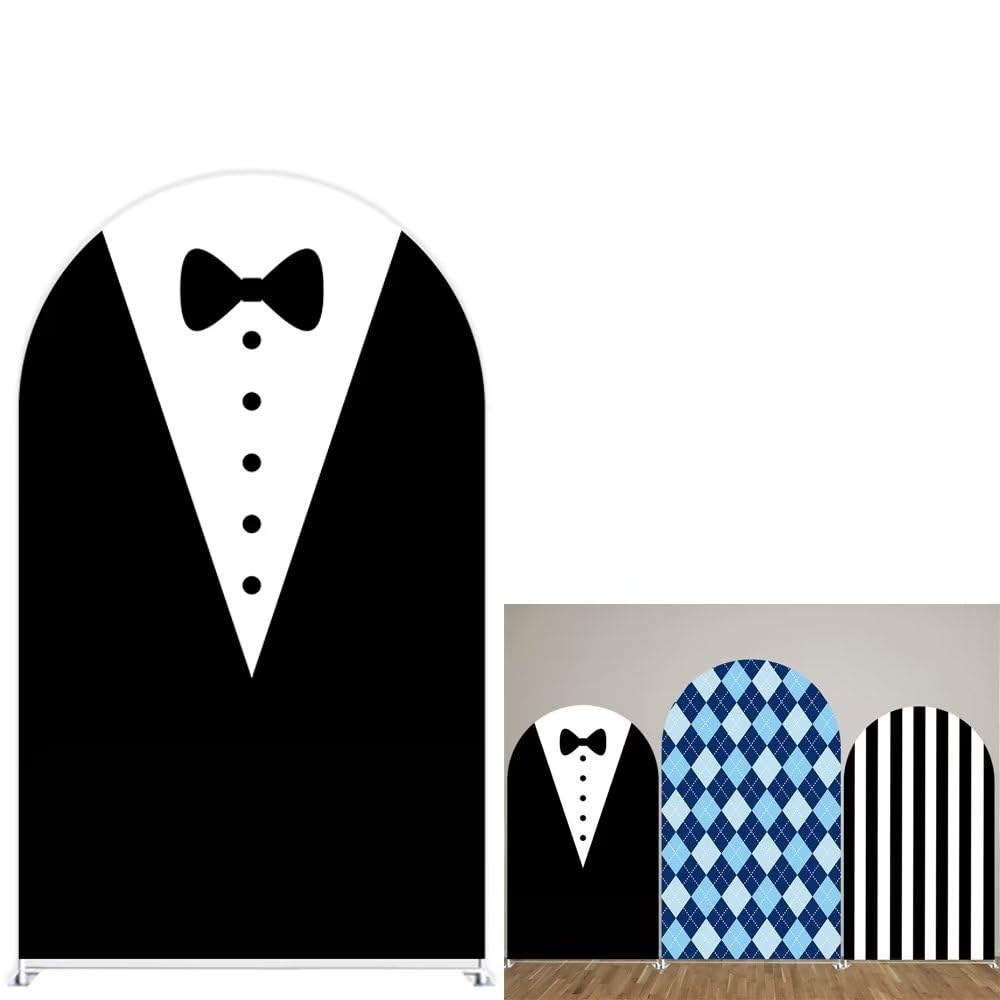 Ellteecz Father Boss Black Suit Bow Tie Arch Backdrop Cover for Boys Birthday Party Arched Stand Stretchy Fabric Covers Baby Shower Cake Banquets